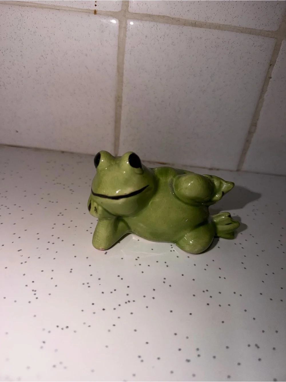 Glazed Green Ceramic Frog Figurine - Vintage Cottagecore Trinket
